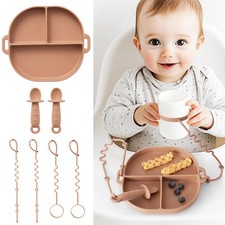 Baby Feeding Set with Silicone Divided Plate, Straps, Spoon Tether, Cup Holde...