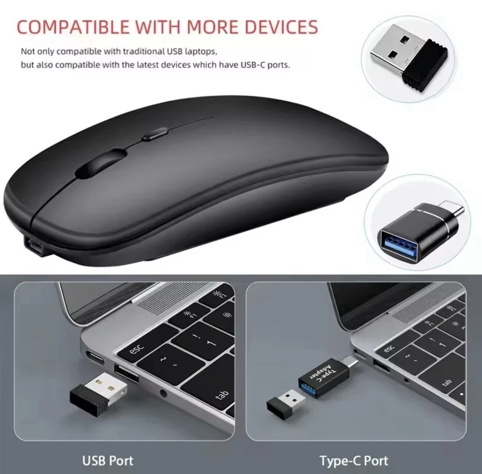 Rechargeable Wireless Bluetooth 2.4G Silent Mouse + OTG USB-C Adapter Black - Image 3 of 4