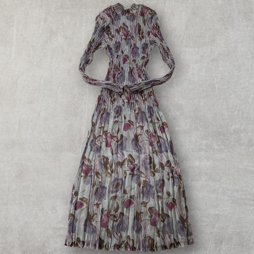 Floral Chiffon Long Dress Sheer Crinkle Pleated Mock Neck Smocked Waist Y2K