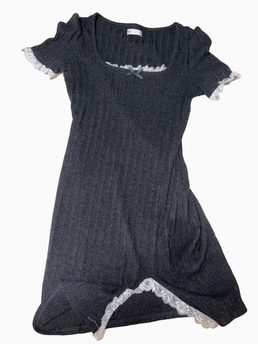 ROMWE Women’s Black Ribbed Knit Dress Size Medium Short Sleeve Lace Trim Bow Det