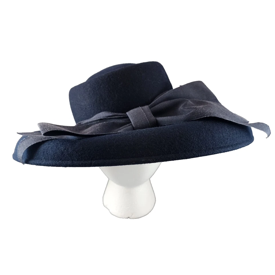 Michael Howard 100% Wool Georgi Black Hat Satin Bow 55cm Vintage - Image 2 of 4