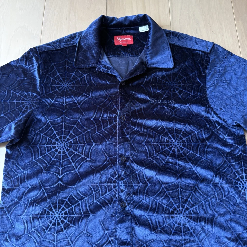 Supreme Spider Web Shirt Medium Blue Velvet Button Up Streetwear New York - Image 3 of 4