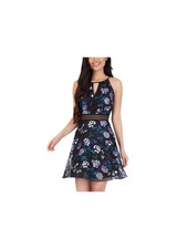 BCX Womens Fit  Flare Short Dress Embroidered Zippered Sleeveless Keyhole