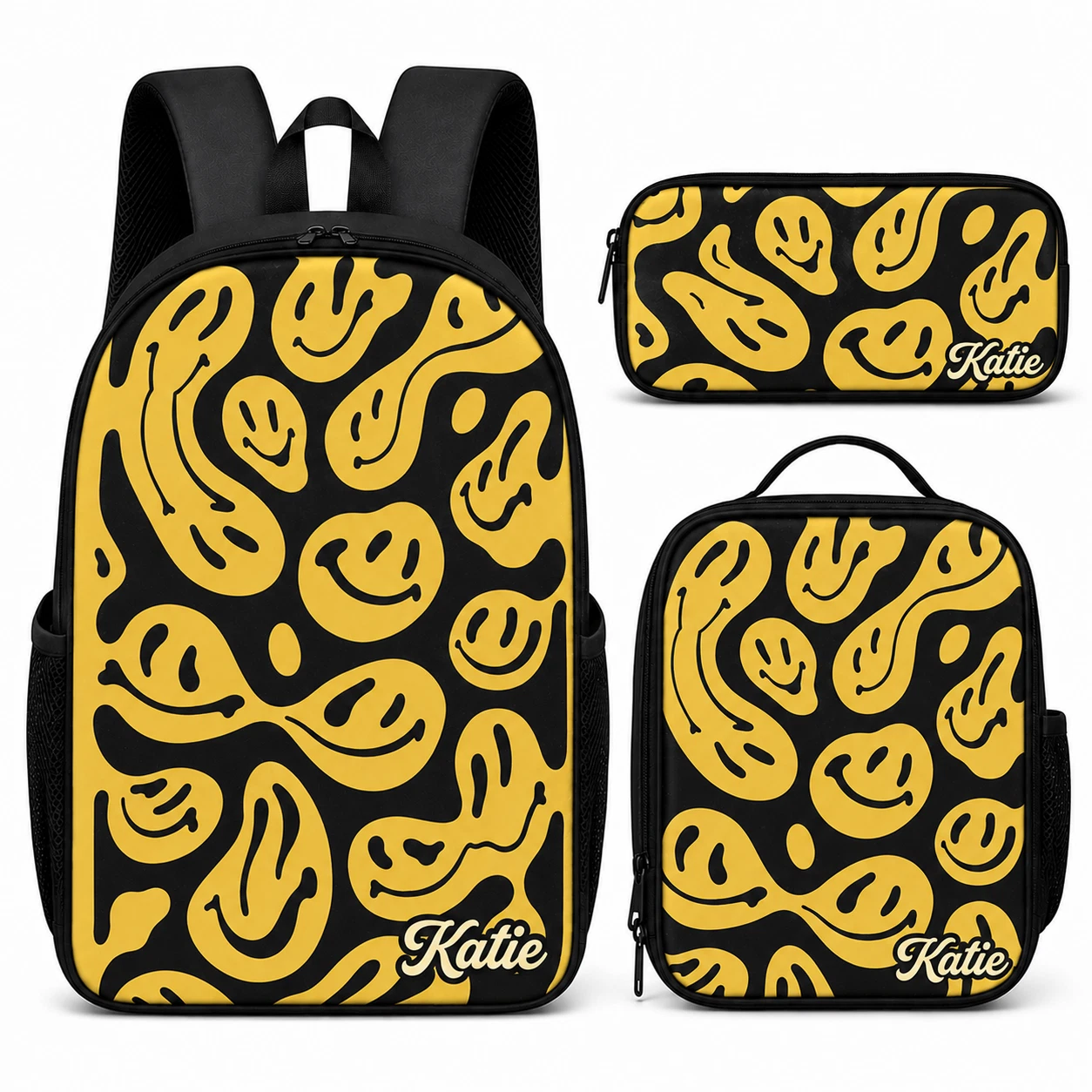 Personalized Yellow Smiley Backpack Set Lunch Bag Pencil Case for Kids