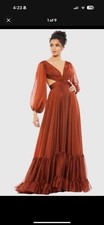 Mac Duggal Prom  Pleated Chiffon Evening Dress Long Puff Sleeves Cooper 6 NWT