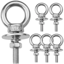 6 Pack M6 Stainless Steel Eye Bolts with Nuts, 1/4" X 1" Long Lifting Ring Eye B