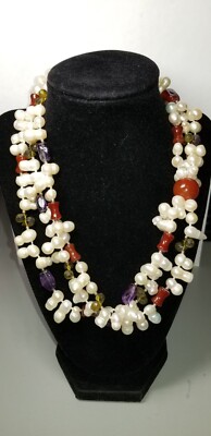 Pearl, Carnelian, Amethyst  & Peridot. Sterling Toggle Necklace 