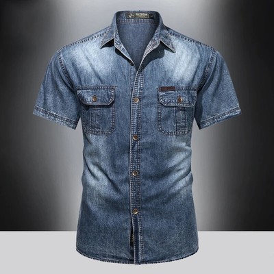 Summer Men Cotton Denim Short Sleeved Shirt Workwear Quick Drying Casual Shirts