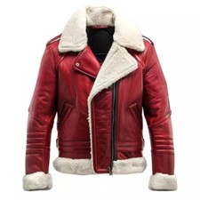 New Men's Real Sheepskin Red Leather Shearling Jacket, Christmas Fashion Jackets