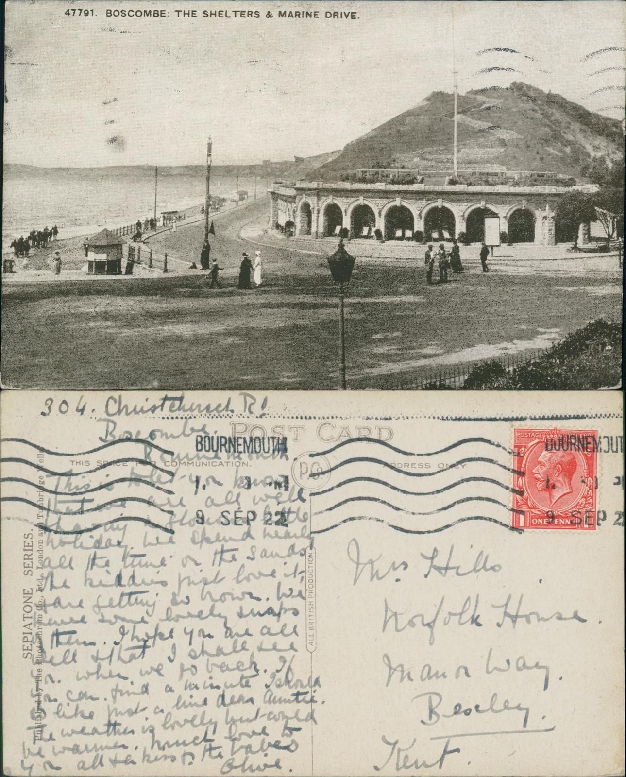 Boscombe Shelters & Marine Drive 47791 GB 1922 Cancel Photochrom Sepiatone