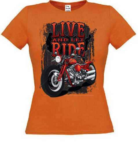 Women T Shirt IN Orange Chopper Biker Chopper & Old School Motif Model Live - Picture 1 of 4