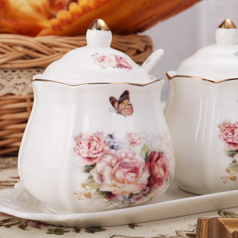 Sugar Bowl,Flower Cermica Sugar Bowl with Lid,Spoon and Tray,Coffee