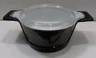 Vintage Pyrex Pueblo Gray 475 B  Glass  Casserole W/ Caddy Black Plastic Holder