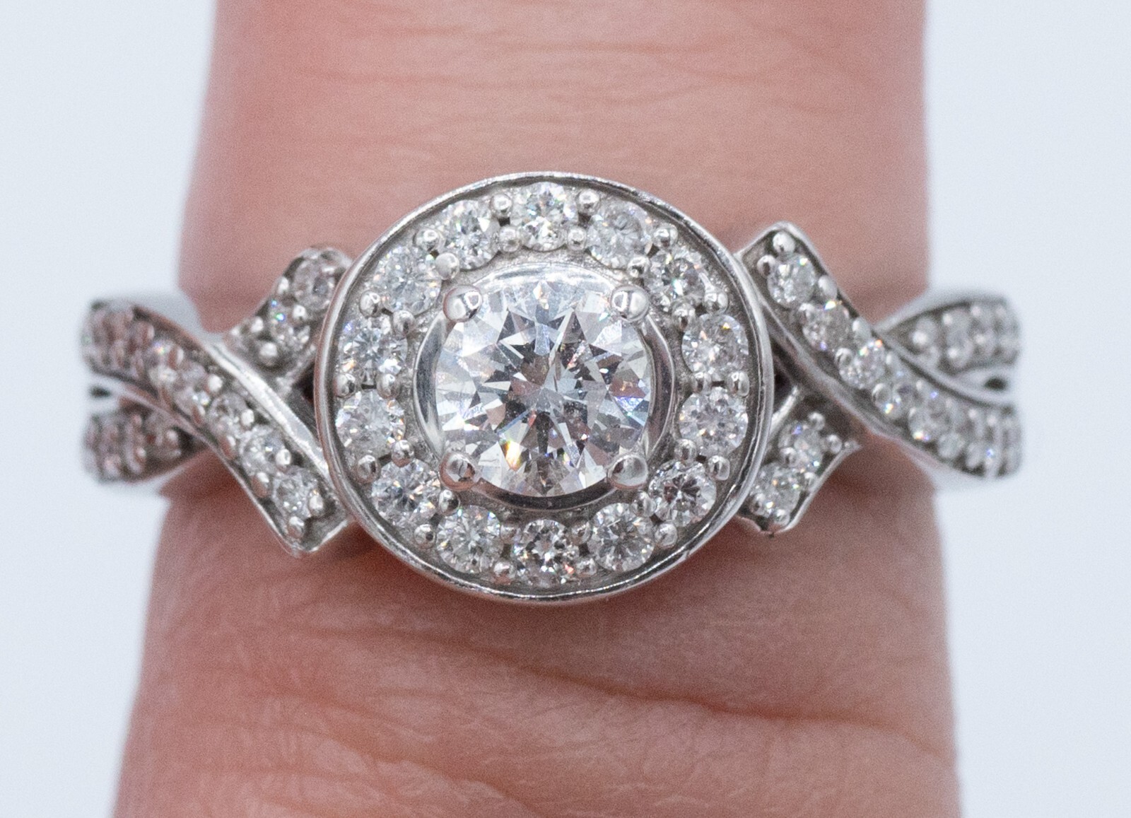 14KT White Gold Natural Round Diamond Halo Split Shank Antiqued Engagement Ring 14KT White Gold Natural Round Diamond Halo Split Shank Antiqued Engagement Ring