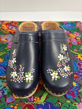 Olsson Navy Blue Hand Painted Swedish Wooden Clogs SZ 7-7.5 VGC