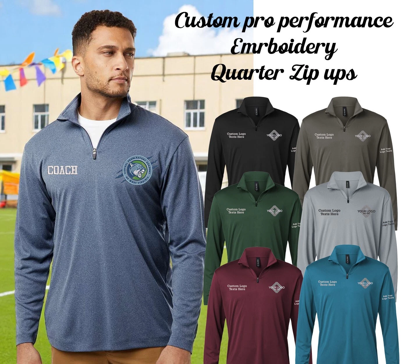 All pro Your Own Custom Logo Texts Stitching Performance Quarter Zip up 41870