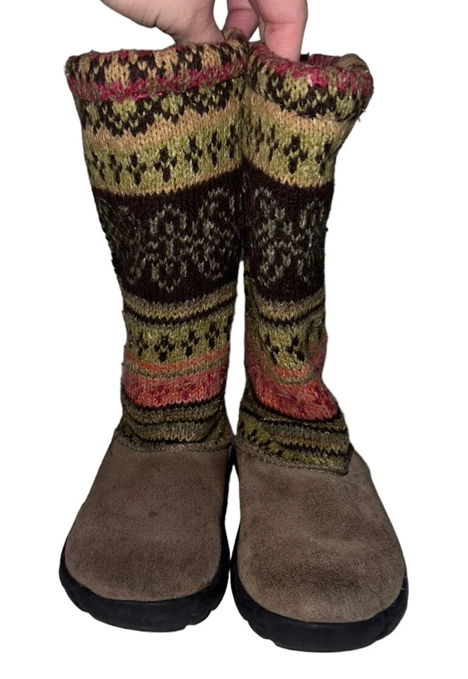 Keen Girls Auburn Flur Knit & Suede Knee High Boots Sz 10 Brown Pink - Image 2 of 4