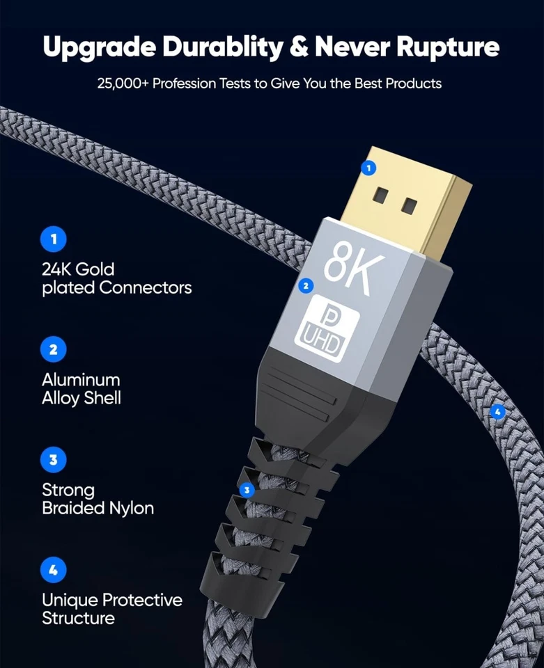 UHD 8K DisplayPort Cable 10FT 8K@60hz, 4K@144hz32.4Gbps, HDR, HBR3 DP to DP Cord - Image 4 of 4