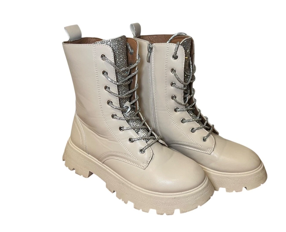 Botas de combate Wild Diva para mujer 8,5 estrás con cordones militares con suela marfil Foto 3 de 4