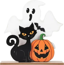 Halloween Decorations Indoor Wooden Black Cat Large, White Ghost 