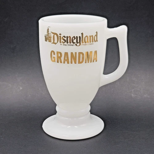 Vintage Disneyland Walt Disney Productions Gold Text Milk Glass Mug GRANDMA