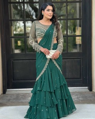 NEW READY TO WEAR RUFFLE LEHENGA SAREE WITH FULL SLEEV BLOUSE WITH SEQUENCE WORK