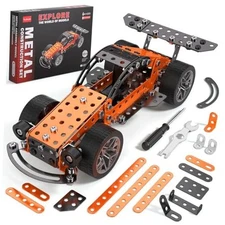 Metal Building Set Race Car Construction Kit, Educational STEM Toy with Red