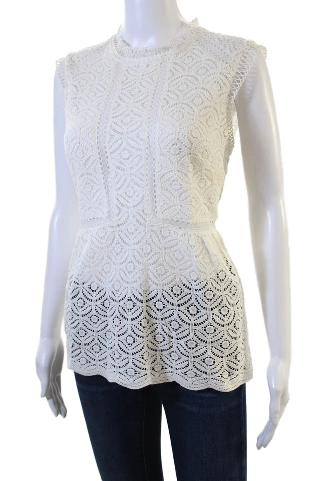 Veronica Beard Women White Cotton Mock Neck Sleeveless Geometric Blouse Size 10 - Image 2 of 4
