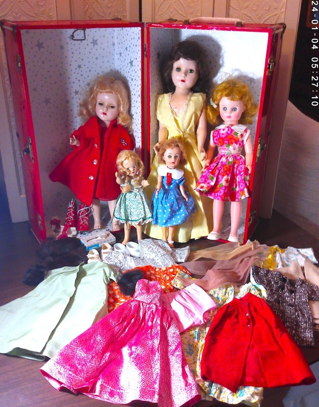 Vintage Dolls & Clothes & Trunk Lot MCM 1950s/60s Played With/TLC 9"-17" Dolls
