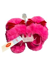 Cat  Jack Girls Adler Pink Faux Fur Fuzzy Red Bow Slippers Sz S  5/6  NWT