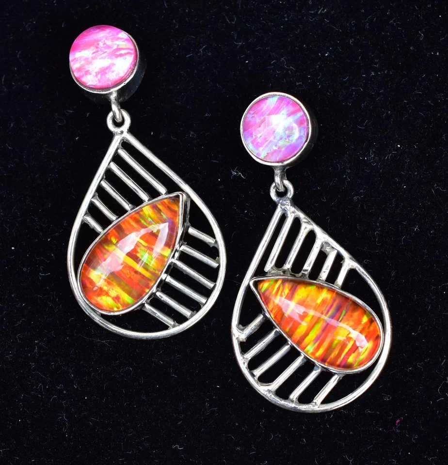 Pendientes bisel plata esterlina 925 pera ópalo de fuego naranja 42,80 quilates joyería para mujer Foto 2 de 4
