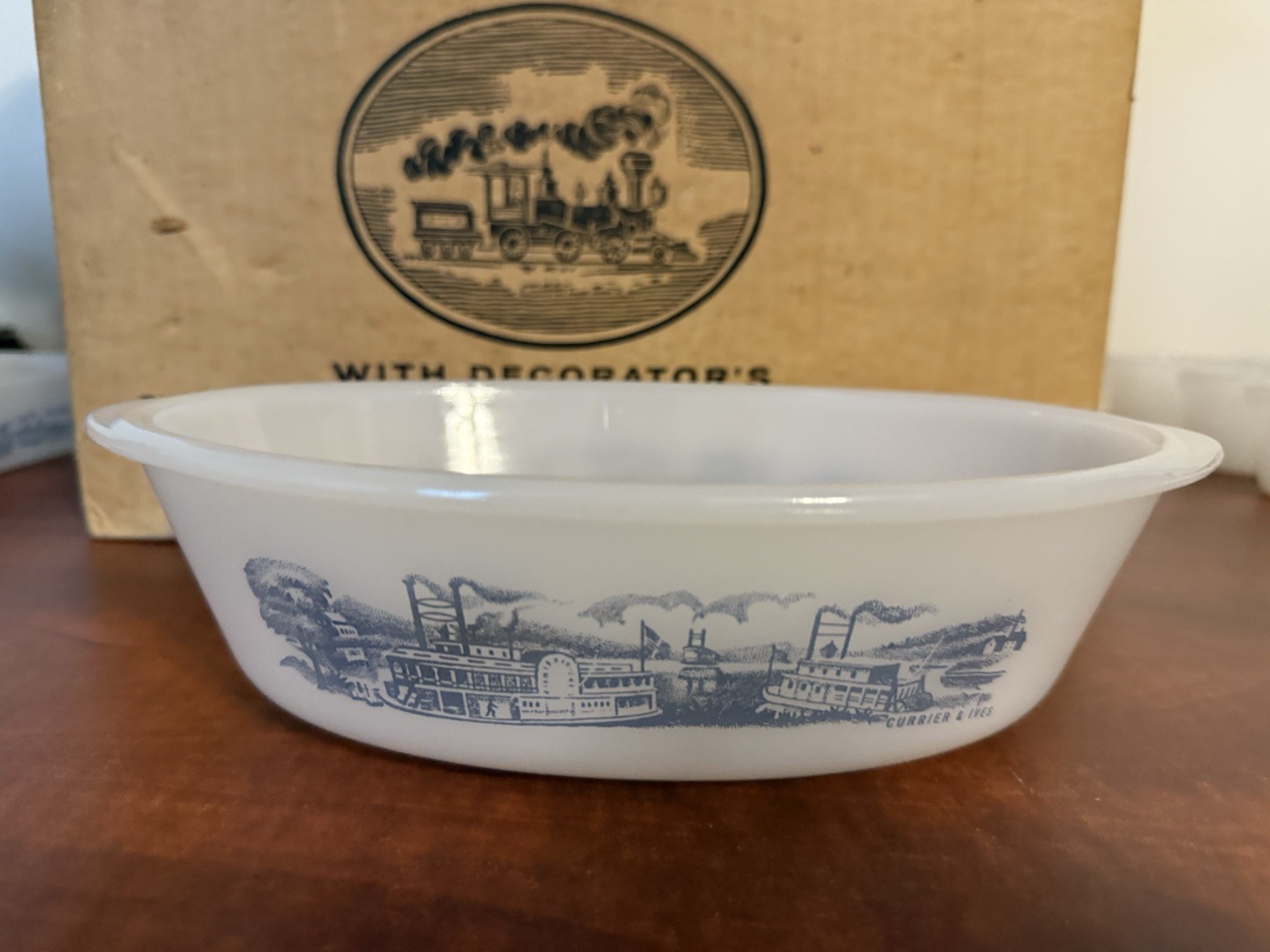 12 Pc. Origanal Box Currier And Ives Glasbake Space Age Milk Glass