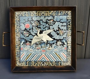 Antique Chinese Qing Dynasty Silk Embroidered Rank Badge Mounted in Tray