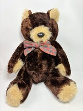 Handmade Silky Soft Brown Fur 13  Teddy Bear Jointed Plaid Bow