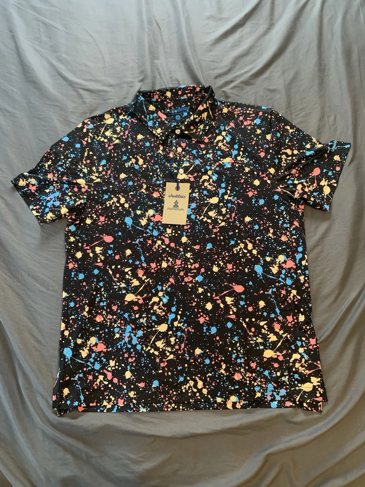 Chubbies Polo Shirt Men's Medium Black Golf Performance Casual The Paint Drips