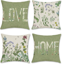 Garden Floral Throw Pillow Covers, Green Plants Wildflowers Farmhouse Polyester
