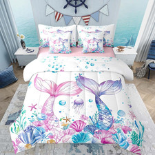 Mermaid Twin Comforter Set with Sheets - Glittery Kids Bedding in Blue Purple