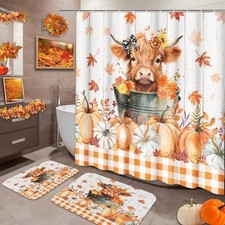 Bathroom Set, Shower Curtain and Bath Rugs Highland Cattle Fall