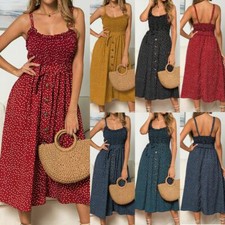 Women's Summer Sleeveless Polka Dot Beach Dress Ladies Stretch Holiday Sundress