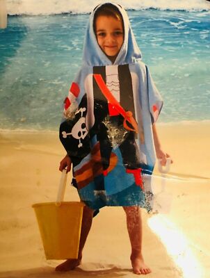 Summer Time Kid's Pirate Hooded Beach or Bath Cotton Towel Poncho - 24''W x 48''L 