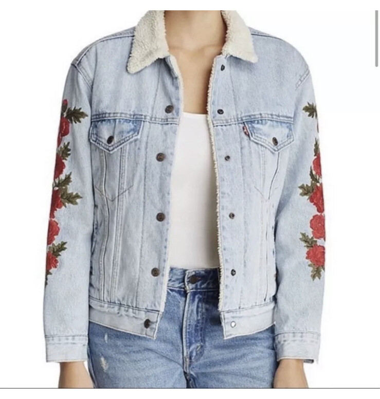 New Small Levi's Embroidered Rose Sherpa Ex-Boyfriend Denim Jacket