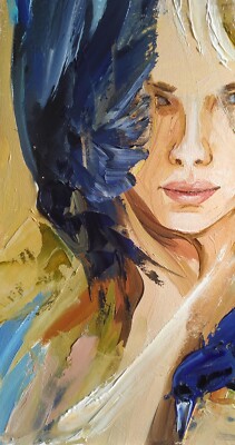 original oil painting portrait blonde woman art with two crows on