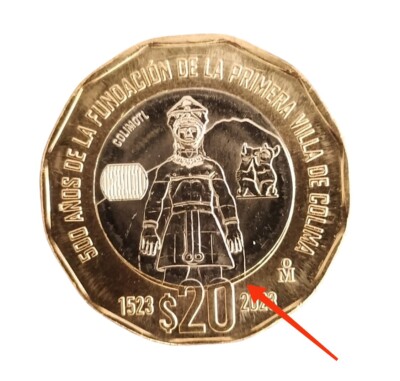 $20 Pesos 500 años de fundación de la primera Villa de Colima c/ error en nucleo