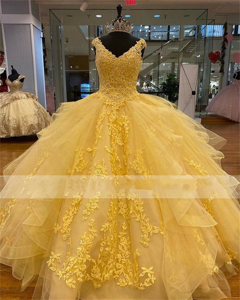 Puffy Quinceanera Dress Sweet 16 Dress With Detachable Cowl Cape Long Ball Gown Yellow Prom Gown
