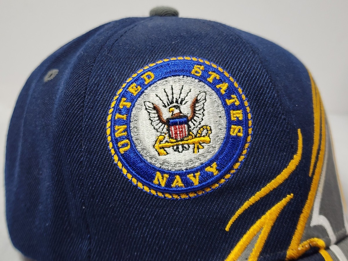 United States Navy Double Logo Adult Hat Cap Adjustable Hook & Loop Blue Yellow View 5