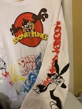 New Looney Tunes Mens L Bugs Taz Daffy All Over Print Long Sleeve T-Shirt White