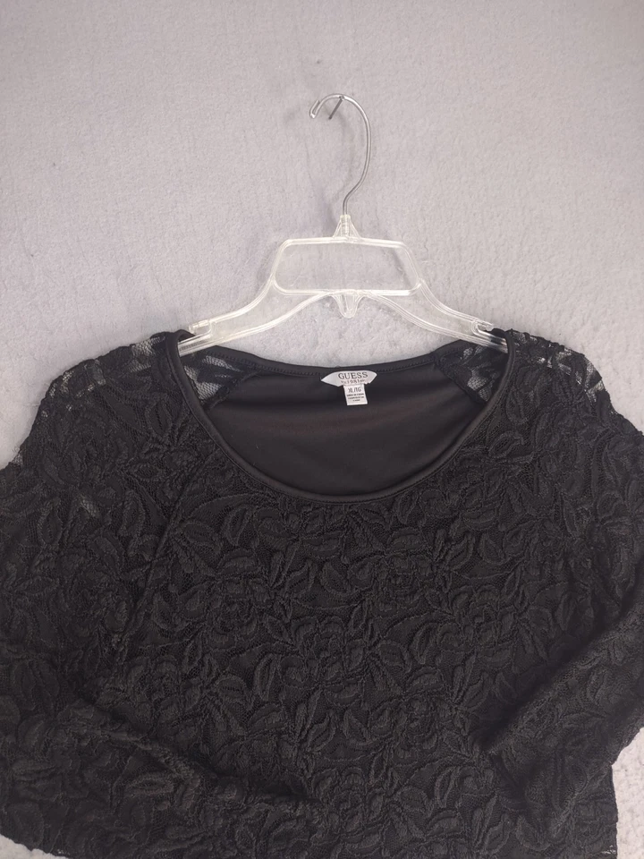 Guess Girls Shirt Youth XL Black Floral Cropped Long Sleeve Lace Pullover Shirt - Image 2 of 4