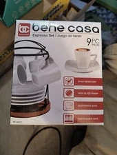 Bene Casa 9 Pc Espresso Set W/Iron Rack & Bamboo Stand Damage Box Product Good