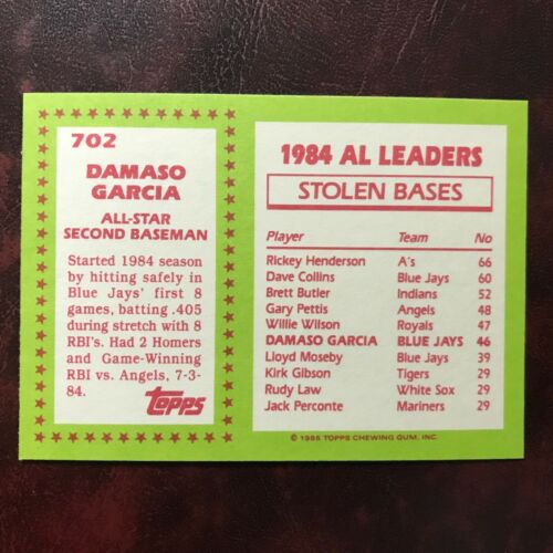 1985 Topps TIFFANY Set DAMASO GARCIA ALL-STAR #702 BLUE JAYS * MINT * HIGH GRADE - Picture 2 of 2