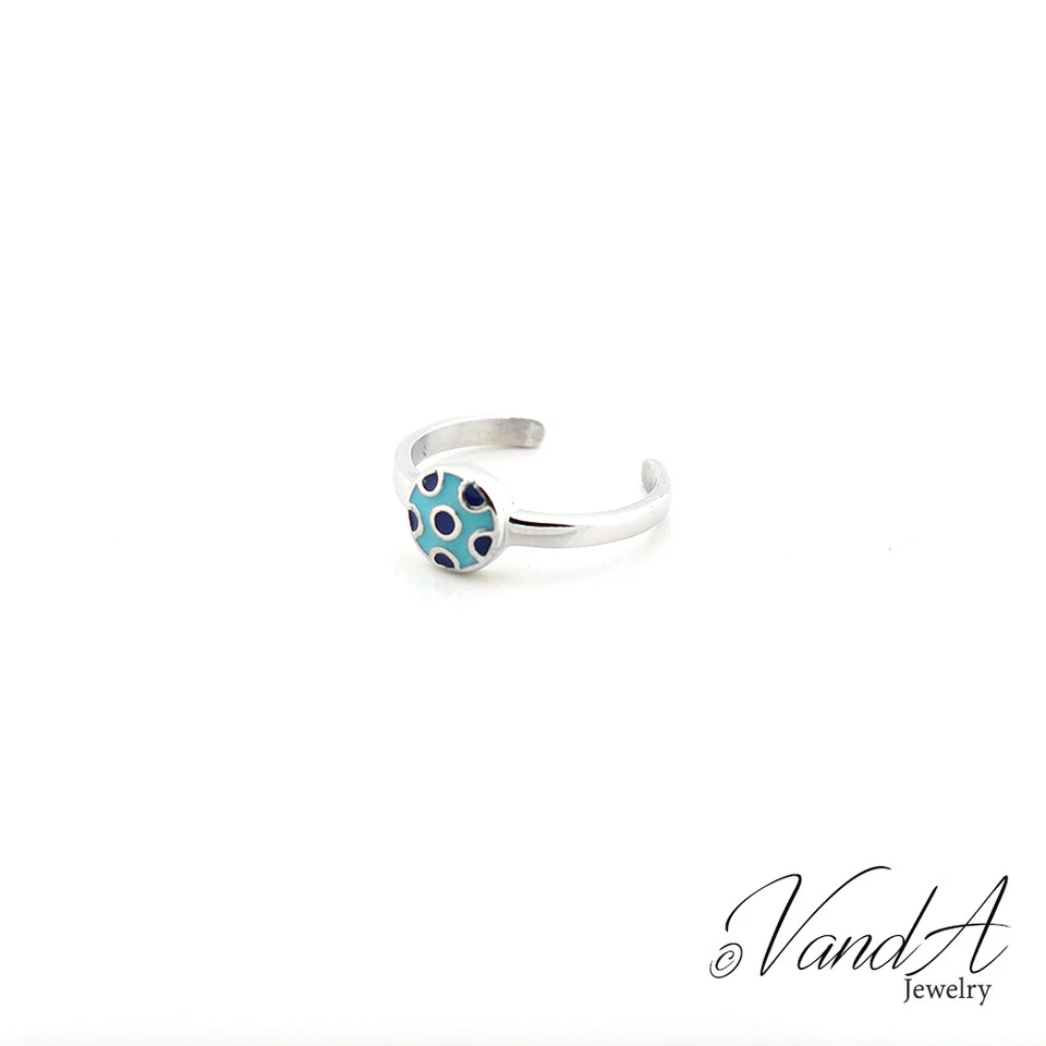 Anel de prata esterlina 925 com biqueira circular esmaltada turquesa e marinha T07 - Imagem 2 de 2